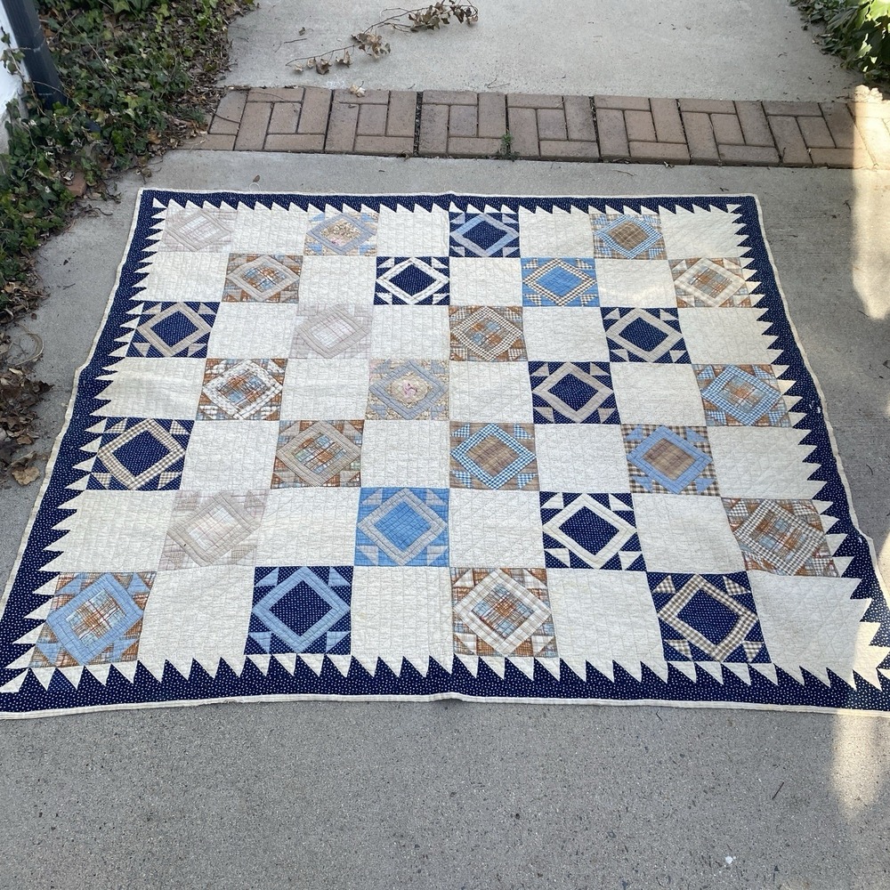 Vintage 1800s Farmhouse Quilt 67x76" Stunning Rare Sawtooth Border